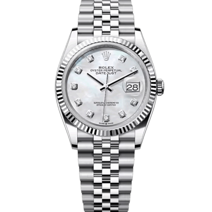 ロレックス デイトジャスト 36 126234 MOP（マザーオブパール）ダイヤ 36mm フルーテッドベゼル ジュビリーブレス — 正規BOX・保証書・冊子付き