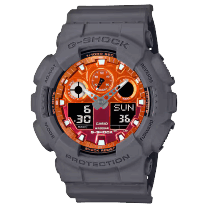 ：G-SHOCK GA-100FL-8AJF グレー×オレンジ（20気圧防水・耐磁・アナデジ）